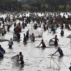 Los aldeanos participan en un evento de pesca comunitaria durante las celebraciones de la cosecha de Bhogali Bihu en el lago Goroimari en Panbari, en las afueras de Guwahati, India. | Foto:BIJU BORO / AFP