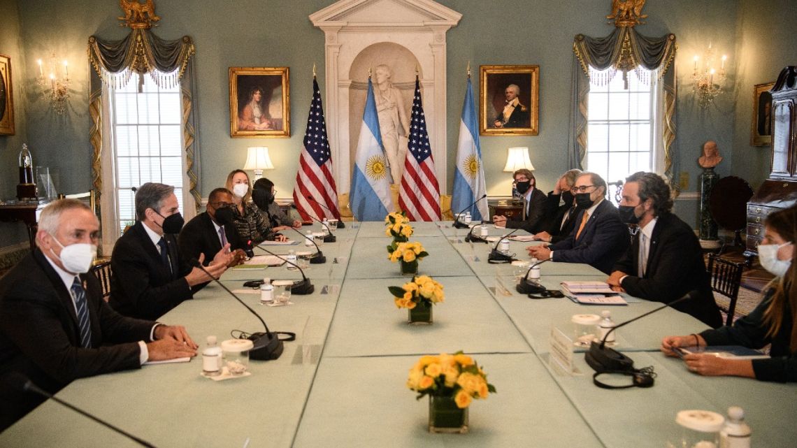 US Secretary of State Antony Blinken (second left) meets with Argentina's Foreign Minister Santiago Cafiero (second right) at the US Department of State in Washington, DC, on January 18, 2022. 