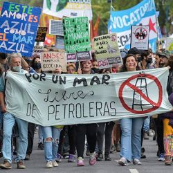La gente se manifiesta contra un proyecto de perforación petrolera en alta mar frente a la costa de Mar del Plata. | Foto:MARA SOSTI / AFP
