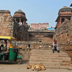 Un hombre se sienta al sol junto a un auto rickshaw aparcado en el patio del monumento Jahaz Mahal en Nueva Delhi, India. | Foto:Sajjad Hussain / AFP