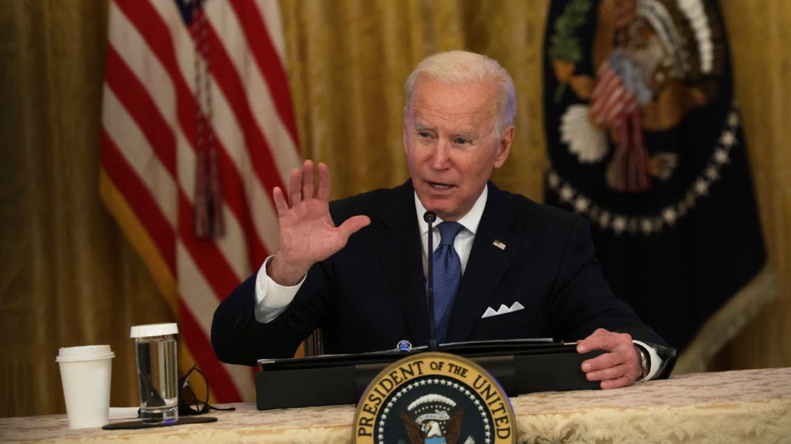 US President Joe Biden speaks during a meeting with the White House Competition Council in the East Room of the White House January 24, 2022 in Washington, DC. 