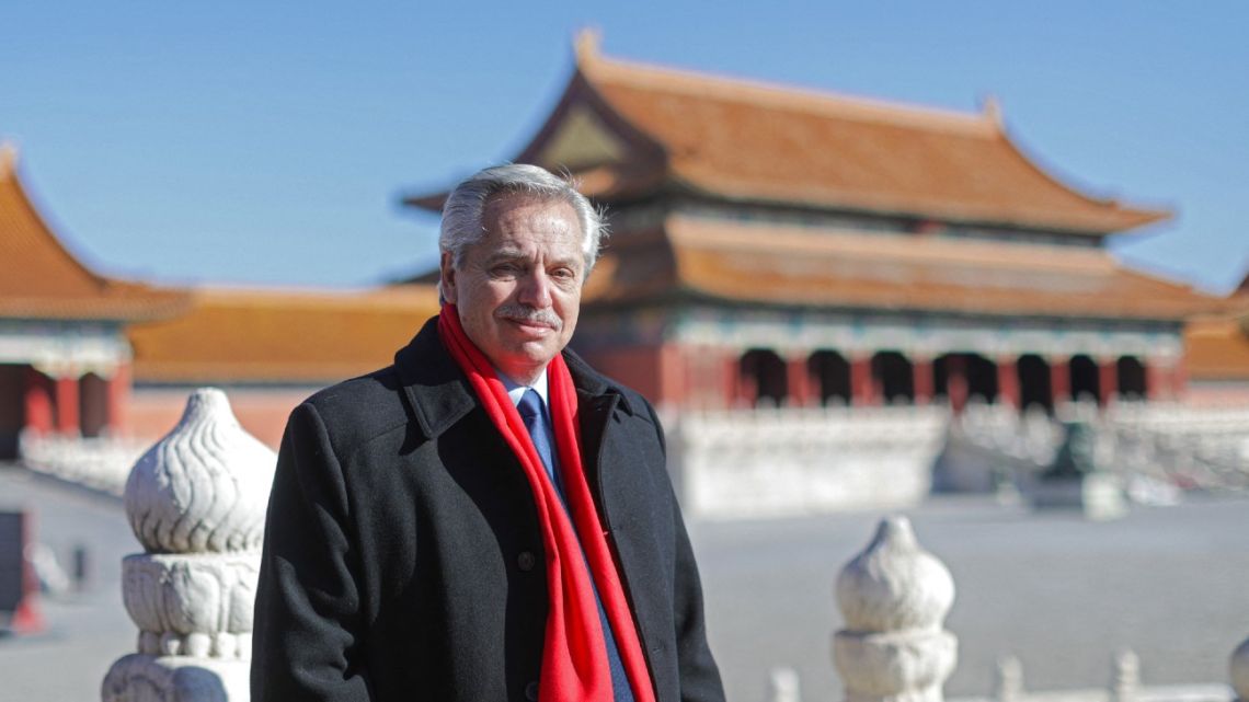Handout photo released by the Presidency shows President Alberto Fernández during a visit to the Palace Museum at the Forbidden City in Beijing on February 5, 2022. 
