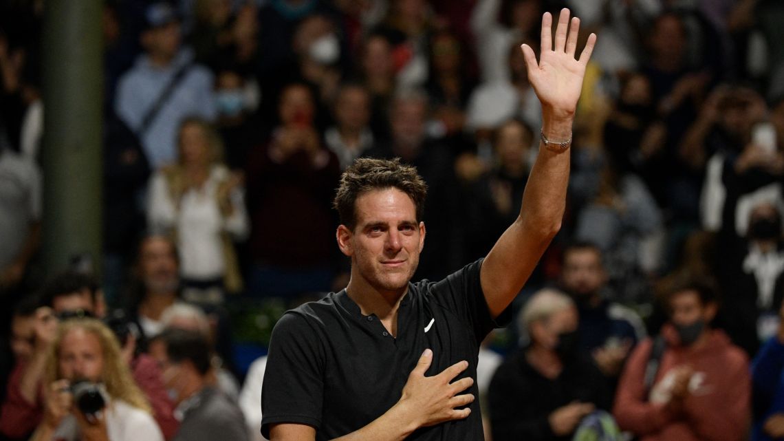 Argentine tennis player Juan Martín Del Potro acknowledges the crowd after losing to Federico Delbonis during the ATP 250 Argentina Open tennis tournament in Buenos Aires, on February 8, 2022. 