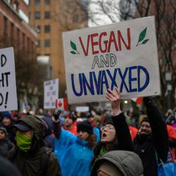 Trabajadores municipales se reúnen para protestar contra los mandatos y restricciones de la vacuna Covid-19 en la ciudad de Nueva York. | Foto:ANGELA WEISS / AFP