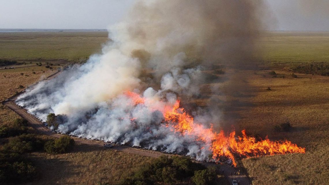 In this aerial view firefighters burn a field to fight wildfires of the native forest at Paraje Uguay, Corrientes, Argentina on February 22, 2022 near Ibera National Park. Almost 800,000 hectares have been consumed by wildfires that have destroyed more than nine percent of Corrientes Province.