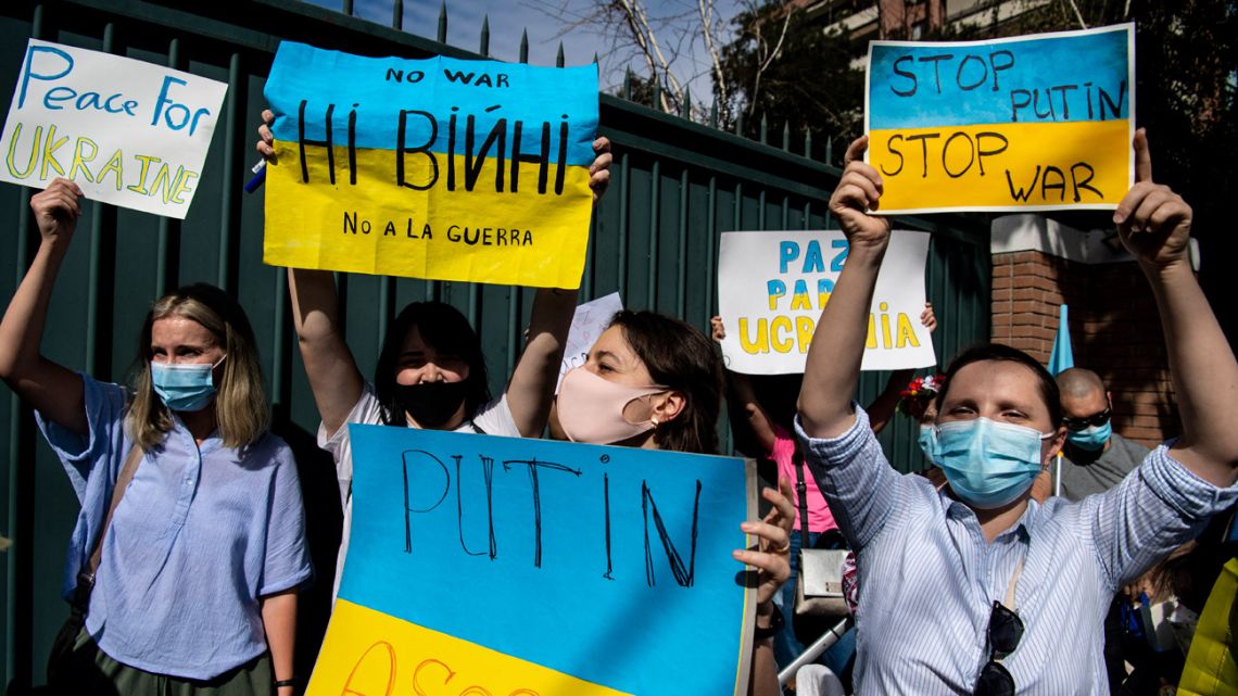 Demonstrators rally in support of Ukraine in front of the Russian Embassy in Santiago, Chile, on February 24, 2022. 