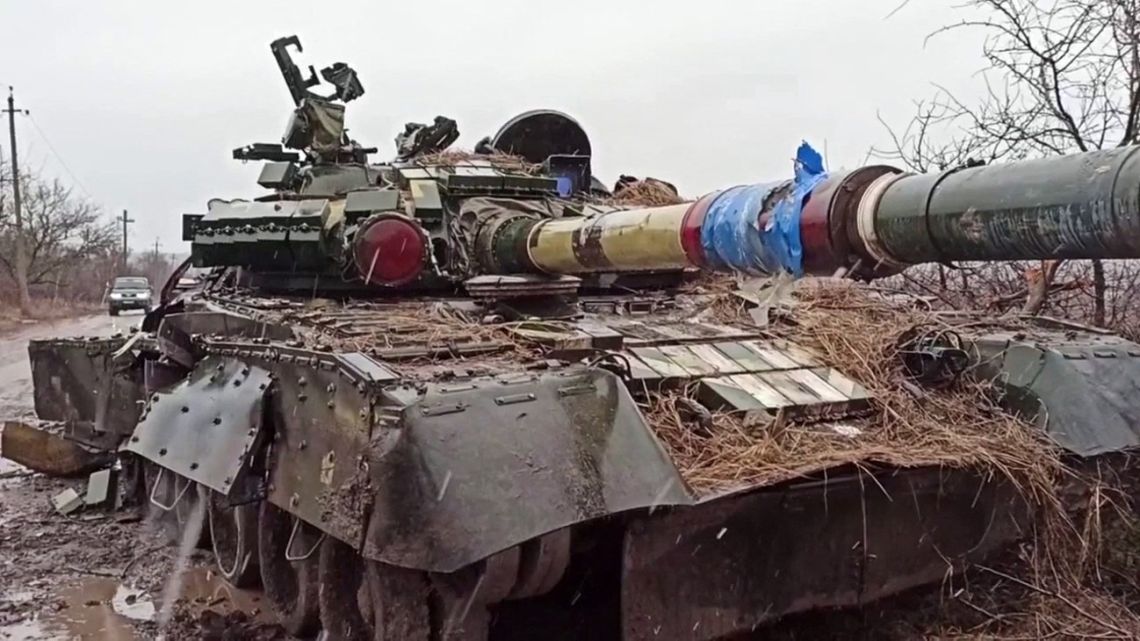 This screen grab obtained from a handout video released by the Russian Defence Ministry on March 4, 2022, shows a destroyed Ukrainian army tank in the settlement of Gnutovo outside Mariupol. Ukraine on March 4 accused the Kremlin of "nuclear terror" after Europe's largest atomic power plant was attacked and taken over by invading forces, sparking Western horror at the threat of Russia's war contaminating all of Europe. 