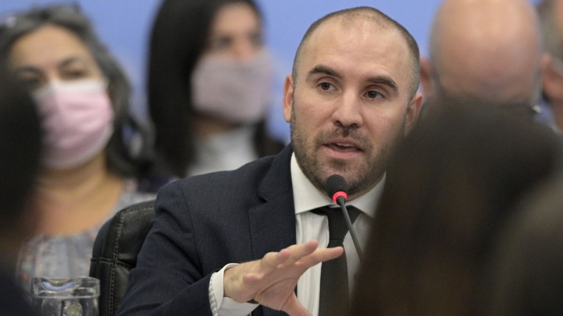 Economy Minister Martín Guzmán explains the agreement between the government and the IMF before legislators of the Budget and Finance Commission of the Chamber of Deputies at the Congress in Buenos Aires on March 7, 2022. 