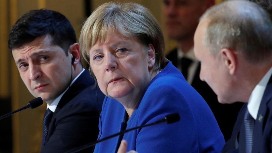 Volodymyr Zelenski, Ángela Merkel y Vladimir Putin 20220317