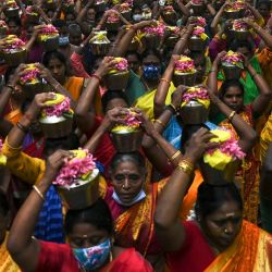 Devotos hindúes llevan urnas con leche en la cabeza durante una procesión con motivo del festival Panguni Uthiram, que se observa en el mes tamil de Panguni y se celebra en honor al dios hindú Murugan, en Chennai, India. | Foto:ARUN SANKAR / AFP