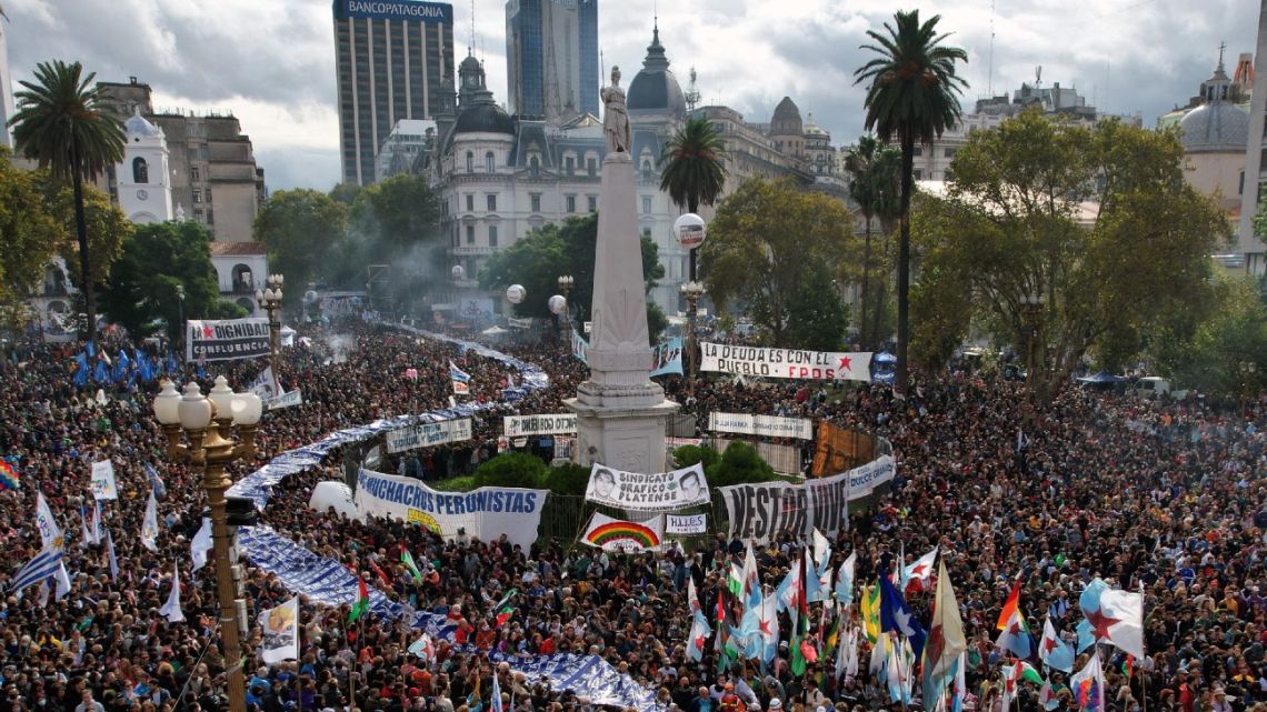 In this aerial view demonstrators gather at Plaza de Mayo Square during the commemoration of the 46th anniversary of the coup leading to the military dictatorship (1976-1983), in Buenos Aires, on March 24, 2022. About 30,000 people went missing after being arrested during the right-wing military regime (1976-1983) accused of being leftist sympathizers or deemed subversive, according to Human Rights organizations.