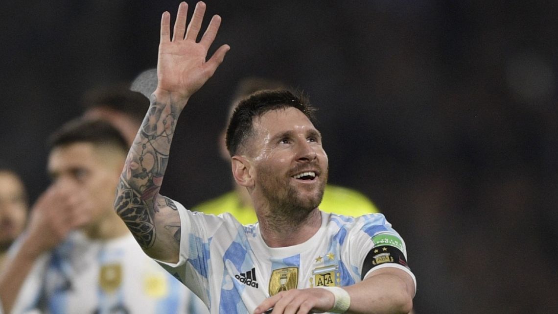Argentina's Lionel Messi celebrates after his goal in the South American qualification football match for the FIFA World Cup Qatar 2022 between Argentina and Venezuela at La Bombonera stadium in Buenos Aires on March 25, 2022. 