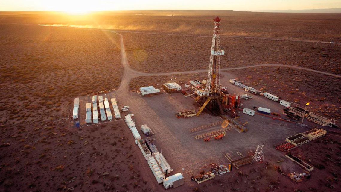A drilling rig stands on the Vaca Muerta formation in Argentina.