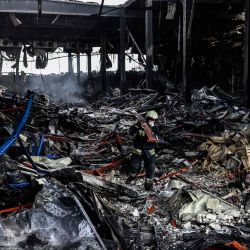 Un rescatista limpia los escombros de un almacén que contiene más de 50.000 toneladas de alimentos congelados en la ciudad de Brovary, al norte de la capital ucraniana de Kiev, después de ser destruido por un bombardeo ruso. | Foto:AFP