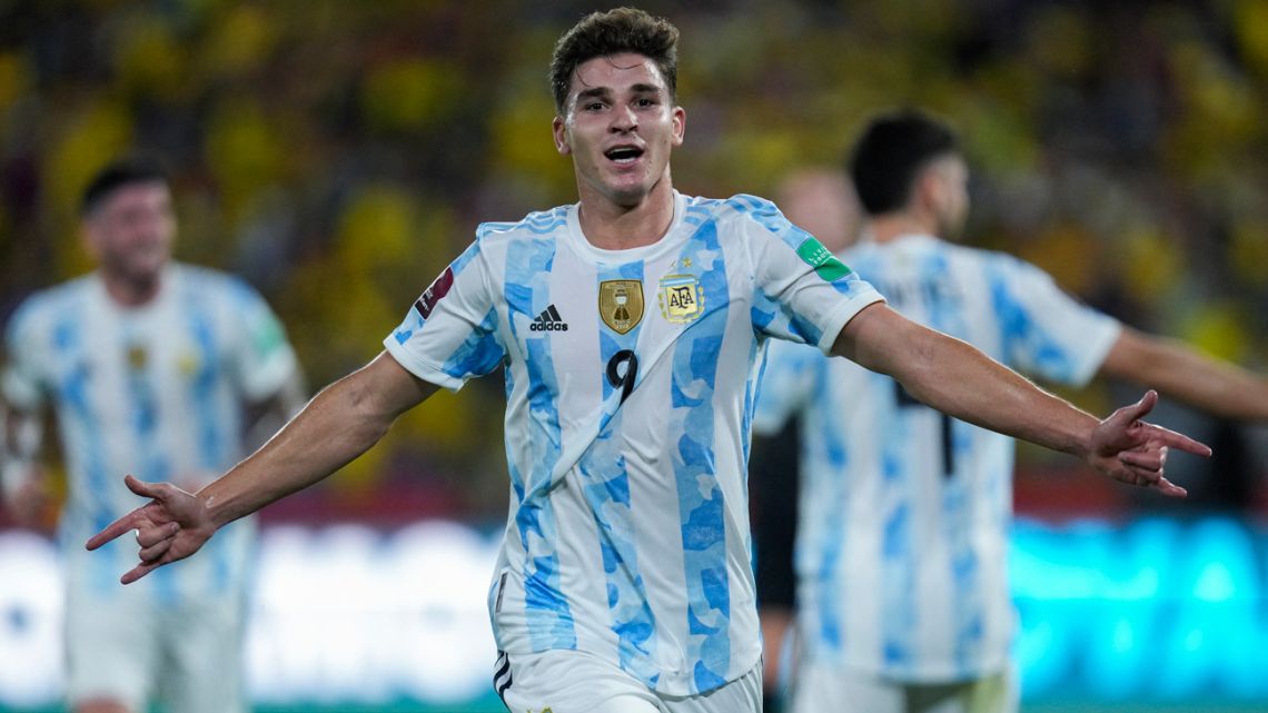 Argentina's Julian Álvarez celebrates after scoring against Ecuador during their South American qualification football match for the FIFA World Cup Qatar 2022 at the Isidro Romero Monumental Stadium in Guayaquil, Ecuador, on March 29, 2022. 