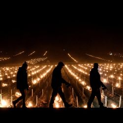 Viticultores caminan después de encender velas en los viñedos para protegerlos de las heladas en los alrededores de Puligny-Montrachet, Francia. | Foto:JEFF PACHOUD / AFP
