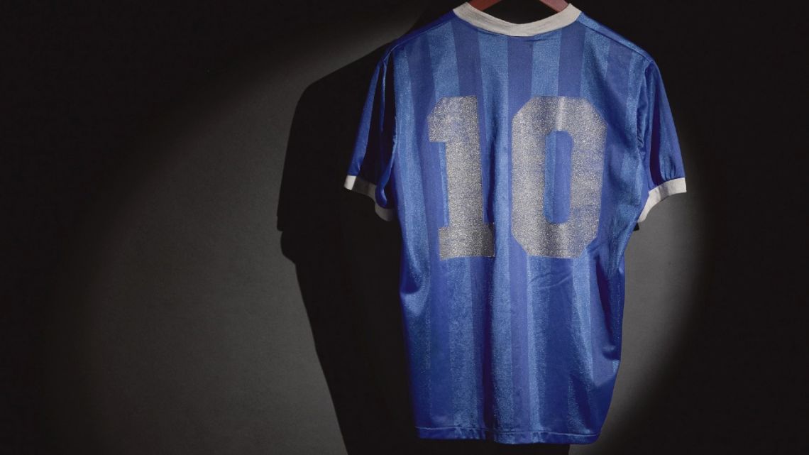 This photo courtesy of Sotheby's shows the 1986 FIFA World Cup match shirt of Argentine soccer player Diego Maradona. 
