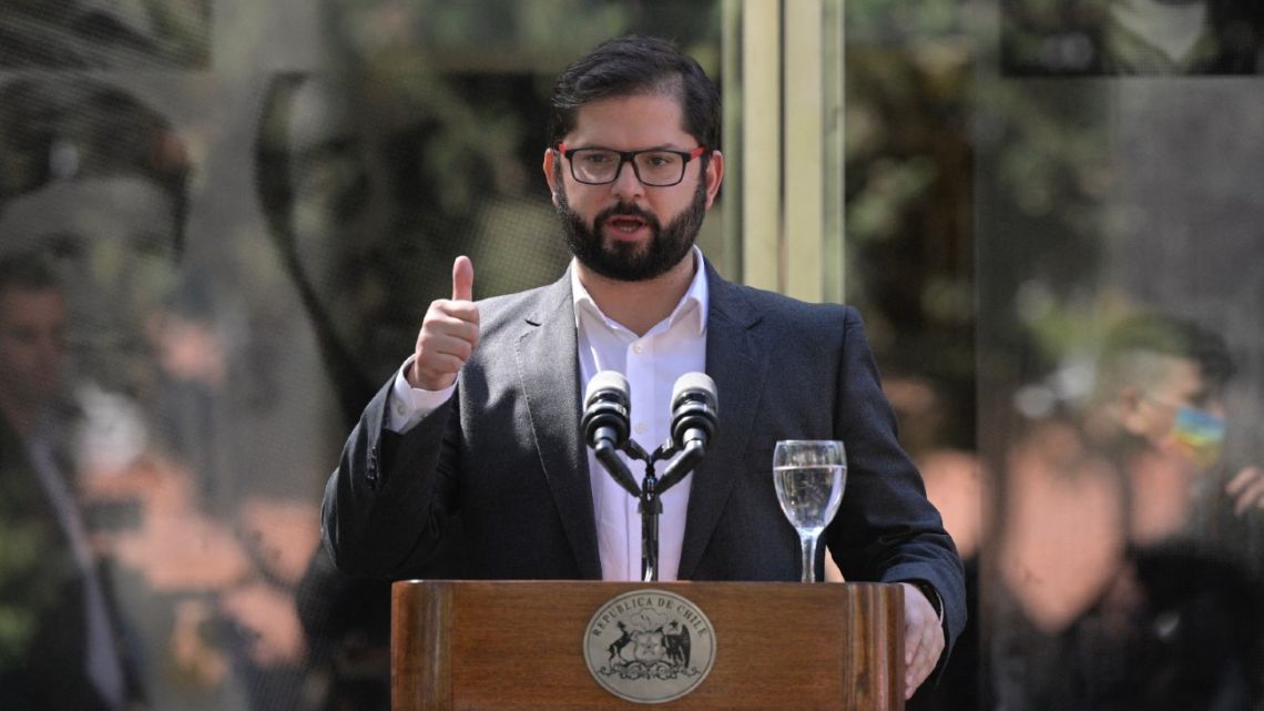 Chile's President Gabriel Boric speaks during a visit to the former Navy Mechanics' School (ESMA) which was used as a torture centre during the last military dictatorship in Argentina (1976-1983), in Buenos Aires on April 5, 2022.