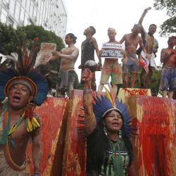La líder indígena Sonia Guajajara participa en una manifestación durante el campamento Tierra Libre, en Brasilia, Brasil. | Foto:Xinhua/Lucio Tavora