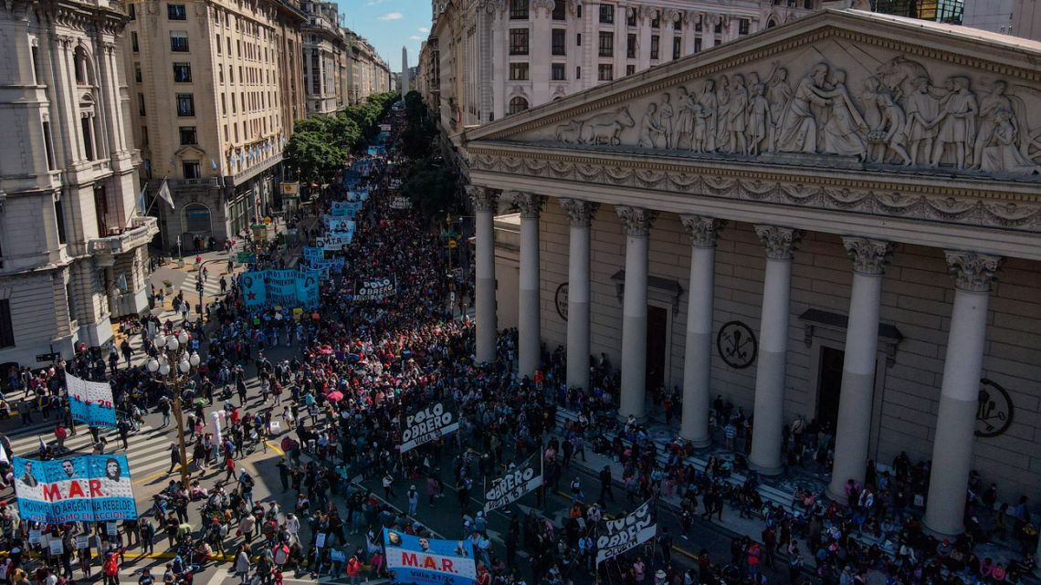 Aerial view of members of social organisations protesting in demand of more social help in Buenos Aires on April 13, 2022.