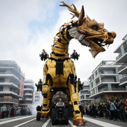 Operadores conducen el caballo-dragón llamado Long-Ma, creado por Francois de la Roziere y su compañía "La Machine", en las calles de Toulouse, sur de Francia. | Foto:VALENTINE CHAPUIS / AFP