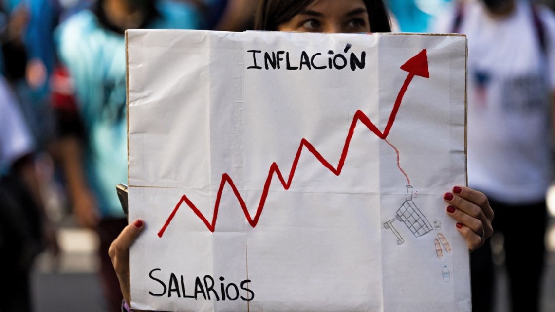 A woman holds a sign reading 'inflation' and 'salaries' during a protest of social organisations demanding more aid, in Buenos Aires on April 13, 2022. 