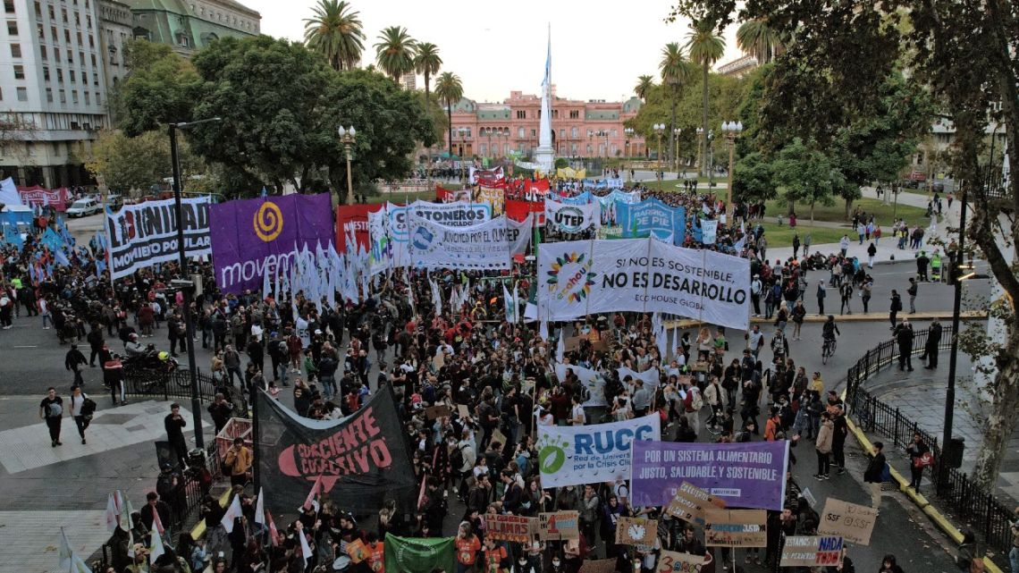Aerial view of a march from Plaza de Mayo square to the Congress during Earth Day in Buenos Aires on April 22, 2022. 
