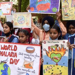 Estudiantes sostienen pancartas durante un acto para celebrar el Día Mundial de la Malaria en un hospital gubernamental en las afueras de Amritsar, India. | Foto:NARINDER NANU / AFP