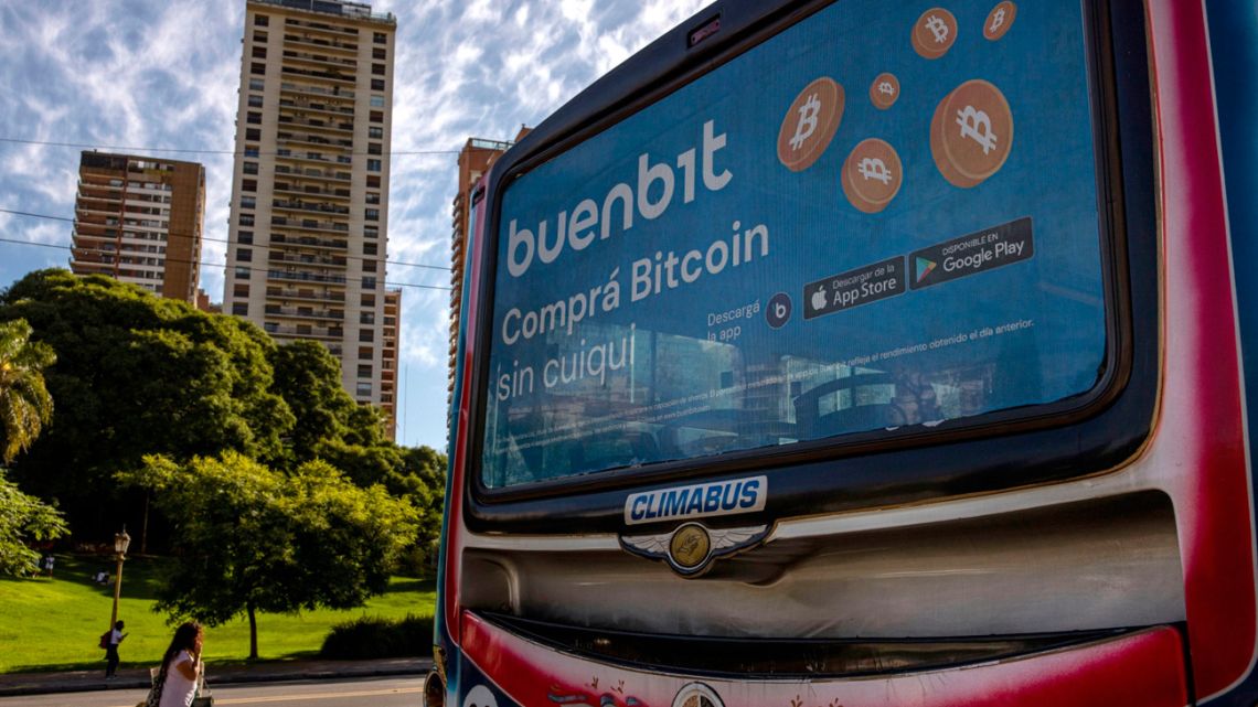 A bus with an advertisement for the Buenbit cryptocurrency exchange in Buenos Aires, Argentina, on Thursday, March 3, 2022. 