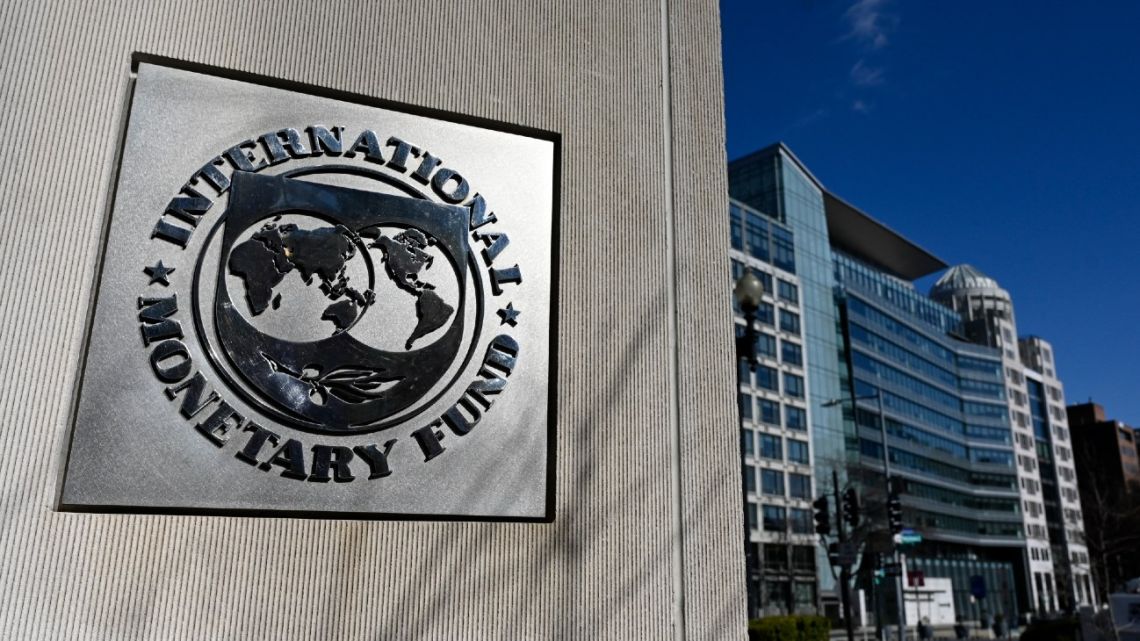 This file photo taken on January 26, 2022, shows the seal for the International Monetary Fund (IMF) in Washington, DC.