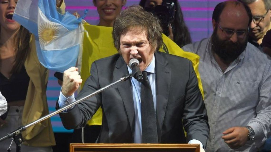 Javier Milei delivers a speech during the 2021 midterm elections campaign.