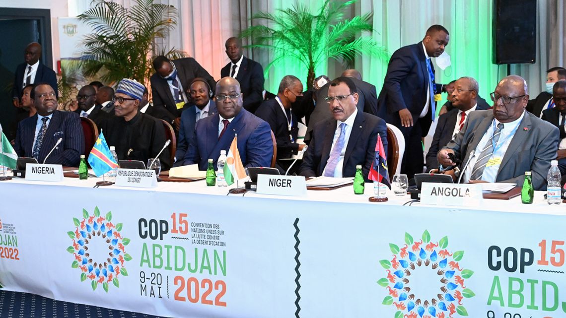 Namibian President Hage Geingob (L), Nigerian President Muhammadu Buhari (2nd L), Democratic Republic of Congo President Felix Tshisekedi (C) and Niger Mohamed Bazoum (2nd R) are seen during the opening ceremony of the COP15 at the Sofitel Ivoire hotel in Abidjan on May 9, 2022. The COP15 against deforestation opened on May 9, 2022 in Abidjan in the presence of several heads of state, to try to act concretely in the face of rapid land degradation and its harmful.
