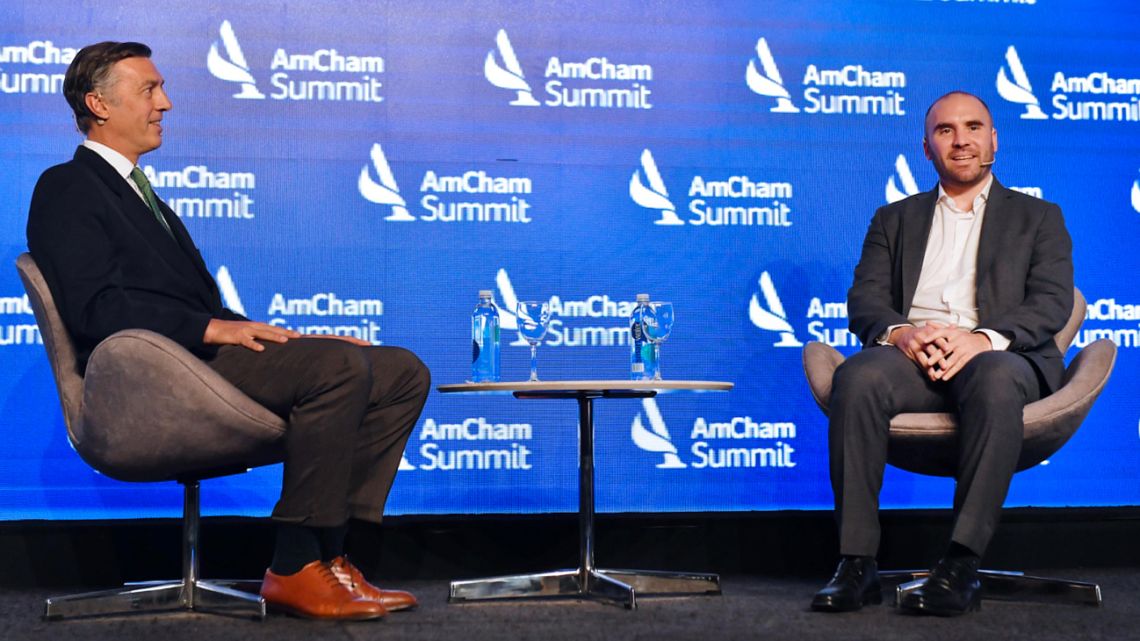 Economy Minister Martín Guzmán address the AmCham Summit during a discussion panel with Facundo Gómez Minujin, the president and senior country officer of JP Morgan for Argentina, Paraguay, Uruguay and Bolivia.