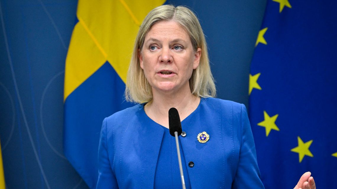 Sweden's Prime Minister Magdalena Andersson gives a press conference in Stockholm, Sweden, on May 16, 2022. 