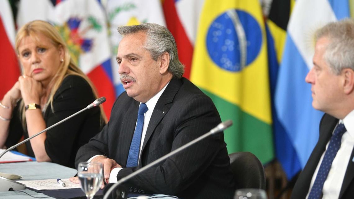 President Alberto Fernández addresses a meeting of ministers from the CELAC bloc.
