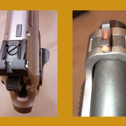 Las miras de la pistola se componen de un guión de fibra óptica de gran visibilidad y un alza regulable en altura y deriva con rayado antirreflejos. 