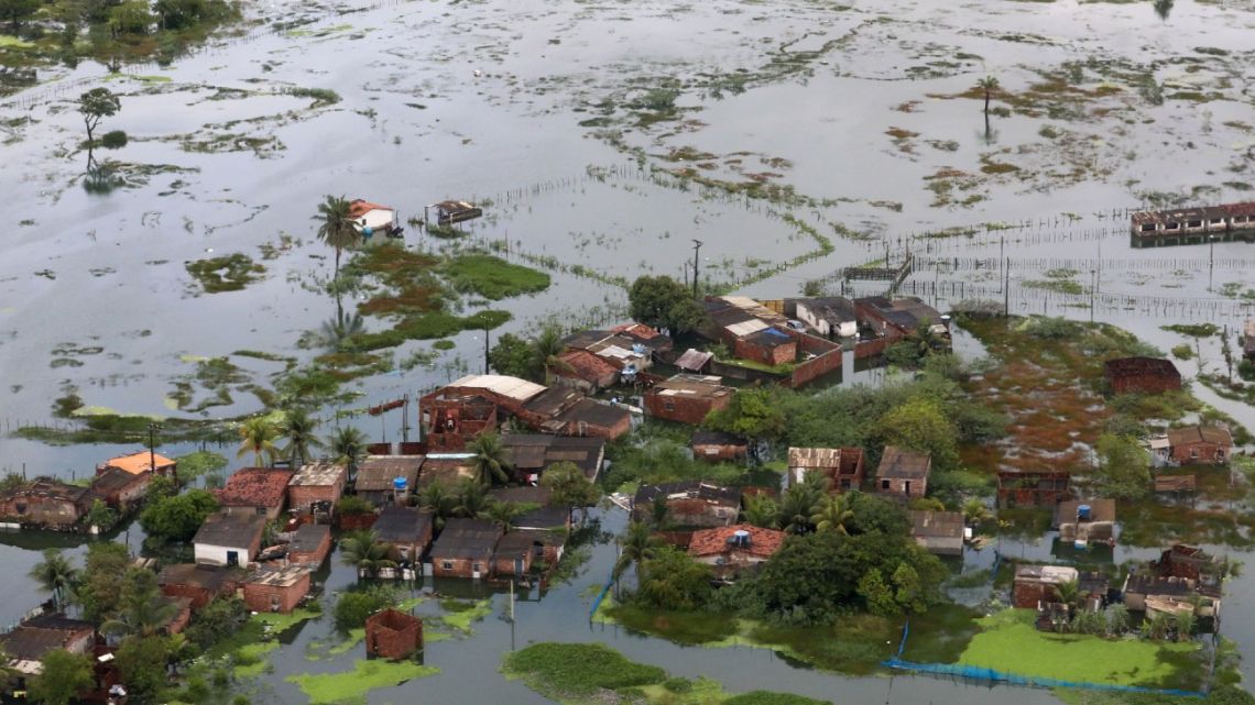 Handout picture released by the Brazilian Presidency showing an aerial view of a flooded area in Recife, Pernambuco State, Brazil on May 30, 2022.