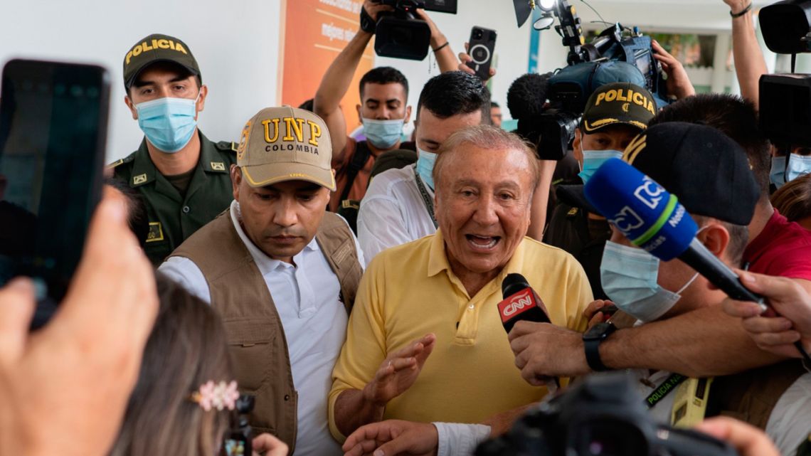 Rodolfo Hernández, independent presidential candidate, speaks to members of the media after casting a ballot at a polling location during the first-round presidential election in Bucaramanga, Colombia, on Sunday, May 29, 2022.