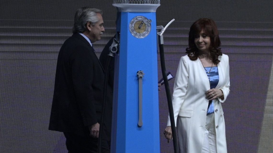 President Alberto Fernández and Vice-President Cristina Fernández de Kirchner attend celebrations marking the 100th anniversary of state-owned oil and gas company YPF in Villa Martelli, Buenos Aires, on June 3, 2022.