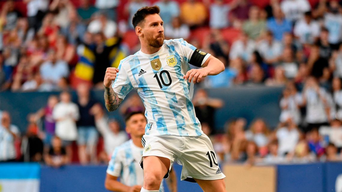 Lionel Messi celebrates after scoring Argentina's first goal during the international friendly football match against Estonia at El Sadar stadium in Pamplona on June 5, 2022. 