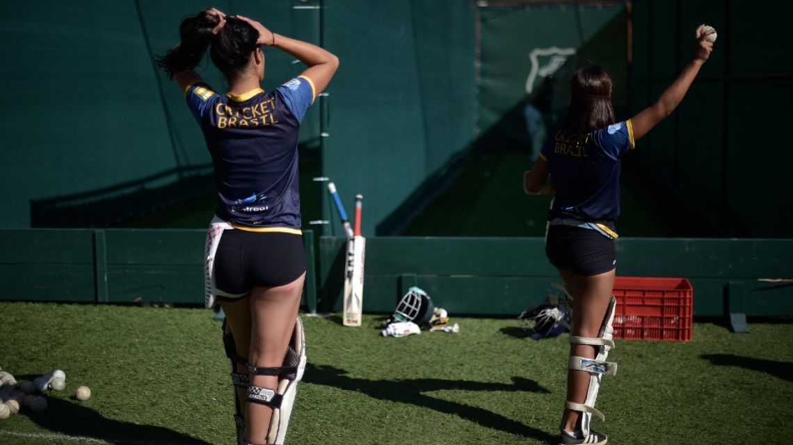 Women from the Cricket Brazil professional women’s team train at a high performance centre in Poço de Caldas, Minas Gerais state, Brazil on May 24, 2022. 