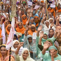 Los agricultores gritan consignas durante una protesta contra las políticas antiagrícolas y el aumento de los delitos en el estado indio de Punjab, en las afueras de Amritsar, India. | Foto:NARINDER NANU / AFP