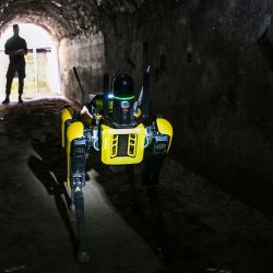 Un técnico conduce "Spot", un robot cuadrúpedo desarrollado por Boston Robotics, mientras se muestra inspeccionando un túnel durante una presentación a los medios de comunicación en el Parque Arqueológico de Pompeya, cerca de Nápoles, en el sur de Italia. | Foto:ANDREAS SOLARO / AFP