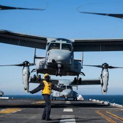 El Contramaestre de Aviación hace señales a los pilotos del avión de apoyo de asalto MV-22 Osprey, asignado a la 22ª Unidad Expedicionaria de Marines, mientras sale de la cubierta de vuelo del buque de asalto anfibio de clase Wasp USS Kearsarge (LHD 3) durante el ejercicio BALTOPS 22 en el Mar Báltico. | Foto:JONATHAN NACKSTRAND / AFP