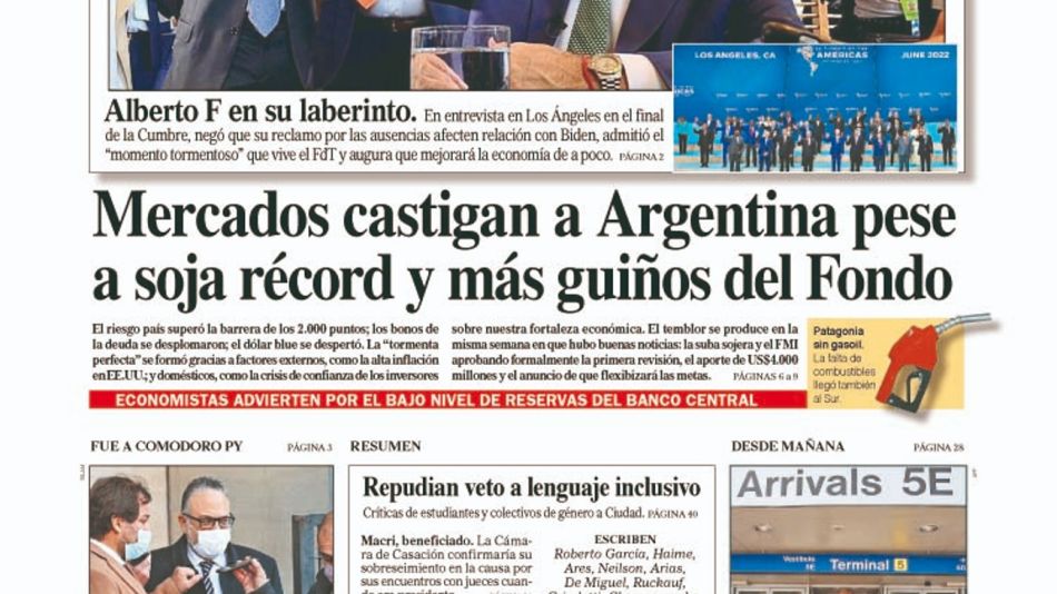 La tapa del Diario PERFIL del sábado 11 de junio de 2022