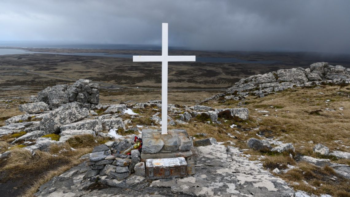 In this file photo taken on October 8, 2019, a memorial is seen on Mount Harriet, the scene of fighting against invading Argentine soldiers during the 1982 South Atlantic War, on the Malvinas (Falkland) Islands.
