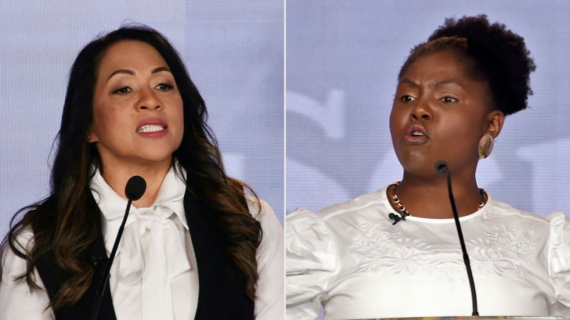 This combination of pictures created on June 13, 2022, shows vice-presidential candidate for the Liga de Gobernantes Anticorrupcion party, Marelen Castillo (left), and vice-presidential candidate for the Colombia Humana party and Historic Pact Coalition, Francia Márquez, speaking during a debate in Bogotá, on March 30, 2022. 