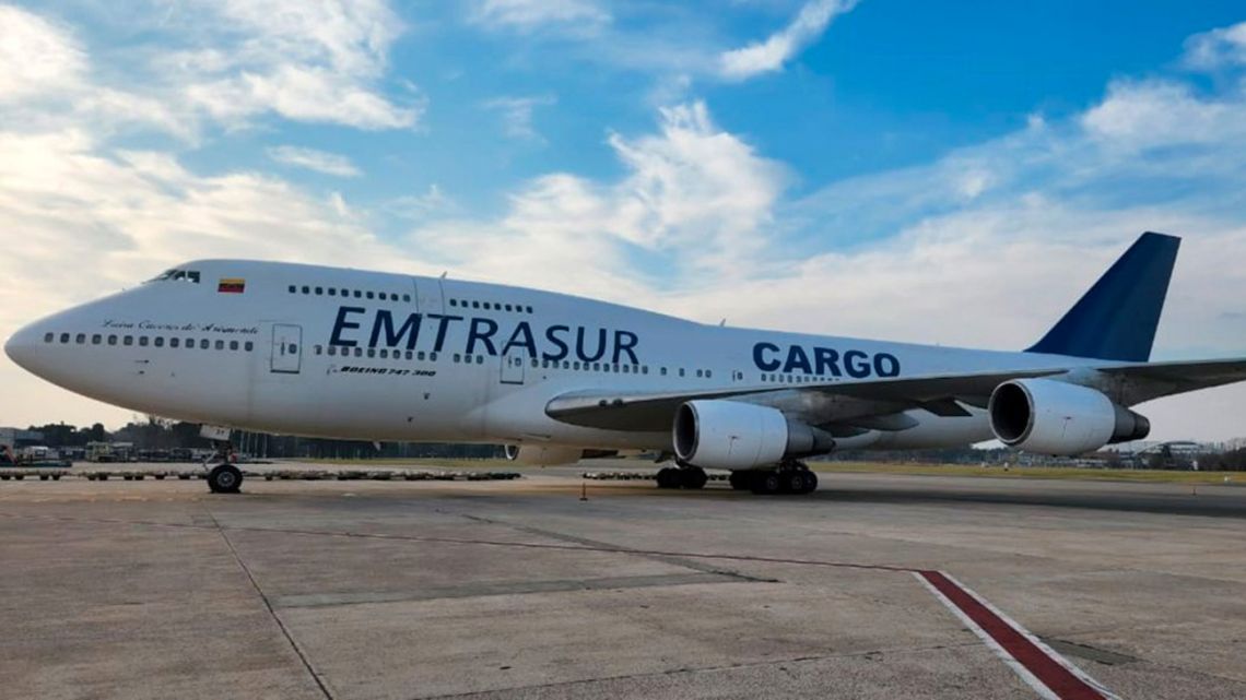 The Emtrasur-Conviasa Boeing 747 plane grounded at Ezeiza International Airport.