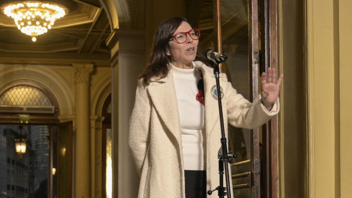 Economy Minister Silvina Batakis talks to the press after her swearing-in ceremony at the Casa Rosada in Buenos Aires on July 4, 2022.