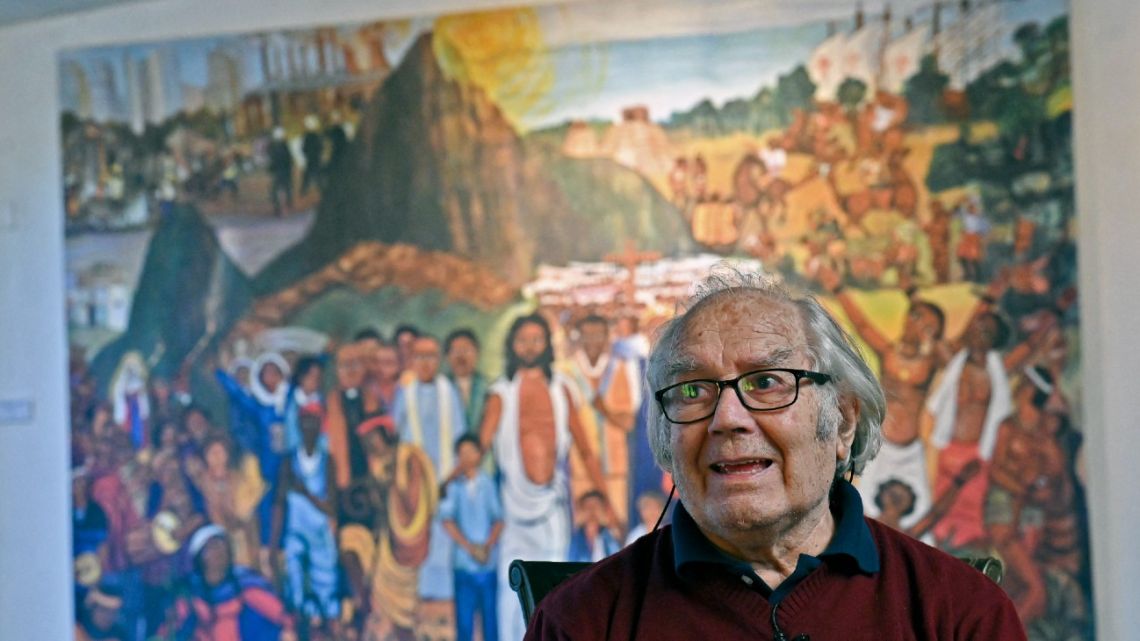 Argentine Nobel Peace Prize, human rights activist and artist Adolfo Pérez Esquivel speaks during an interview with AFP on June 30, 2022, at the Lucy Mattos Museum in Béccar.